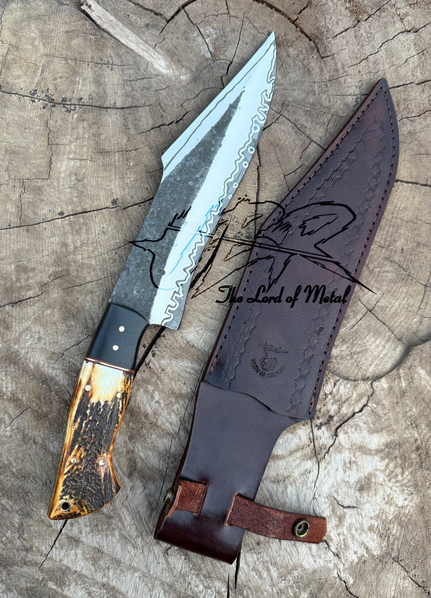 Custom Stag Handle Bowie Knife with Forged Blade & Wave Edge Pattern Unique Blades Runner