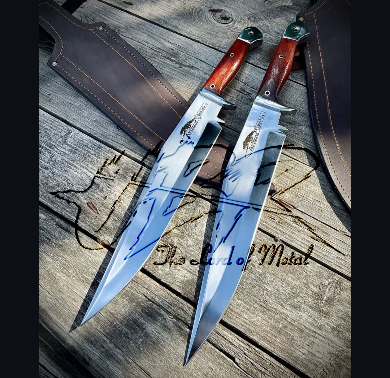 Arizona Bowie Knife Set with Wood Handles and Leather Sheaths Unique Blades Runner