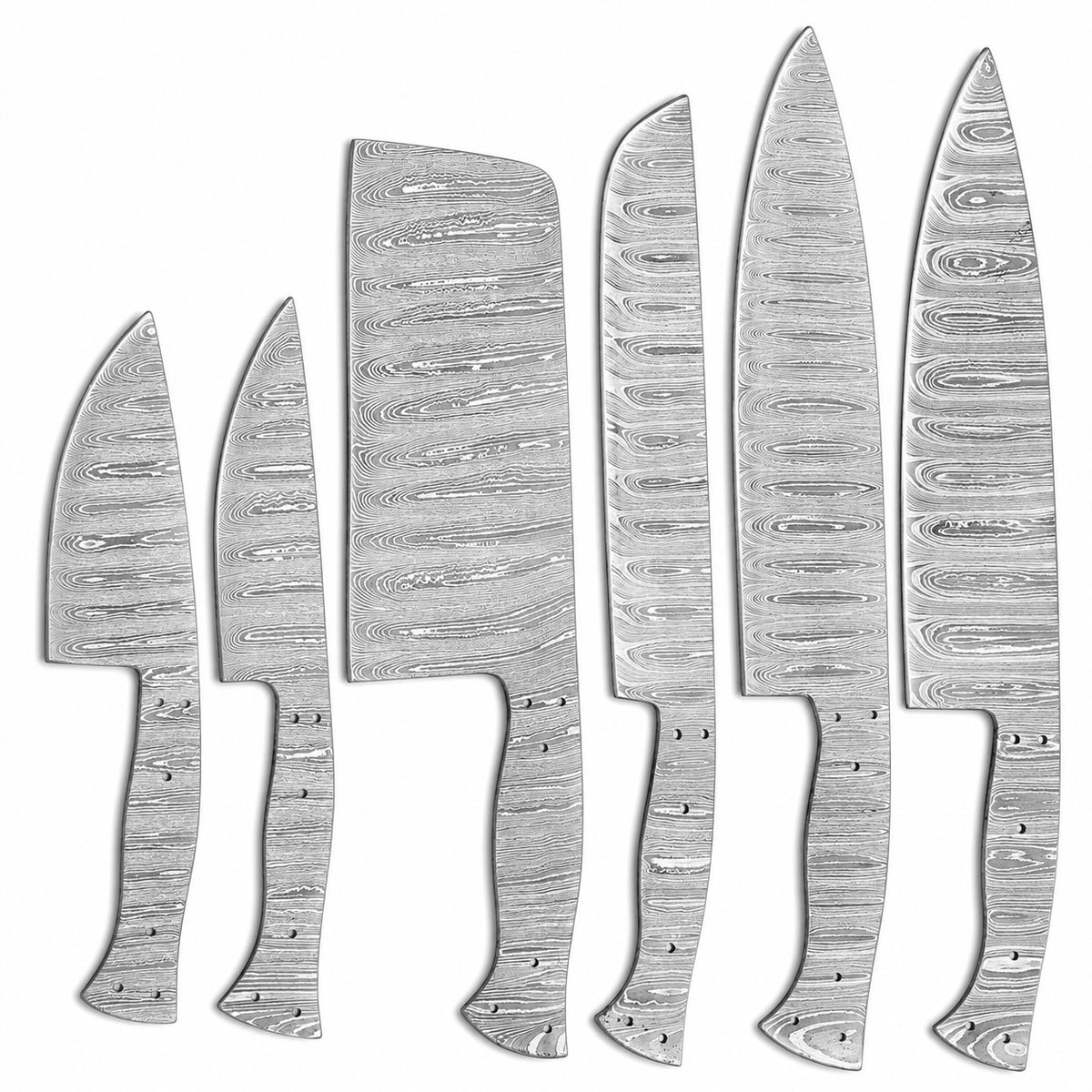 Layered Damascus pattern on large chef knife blank with drilled handle holes