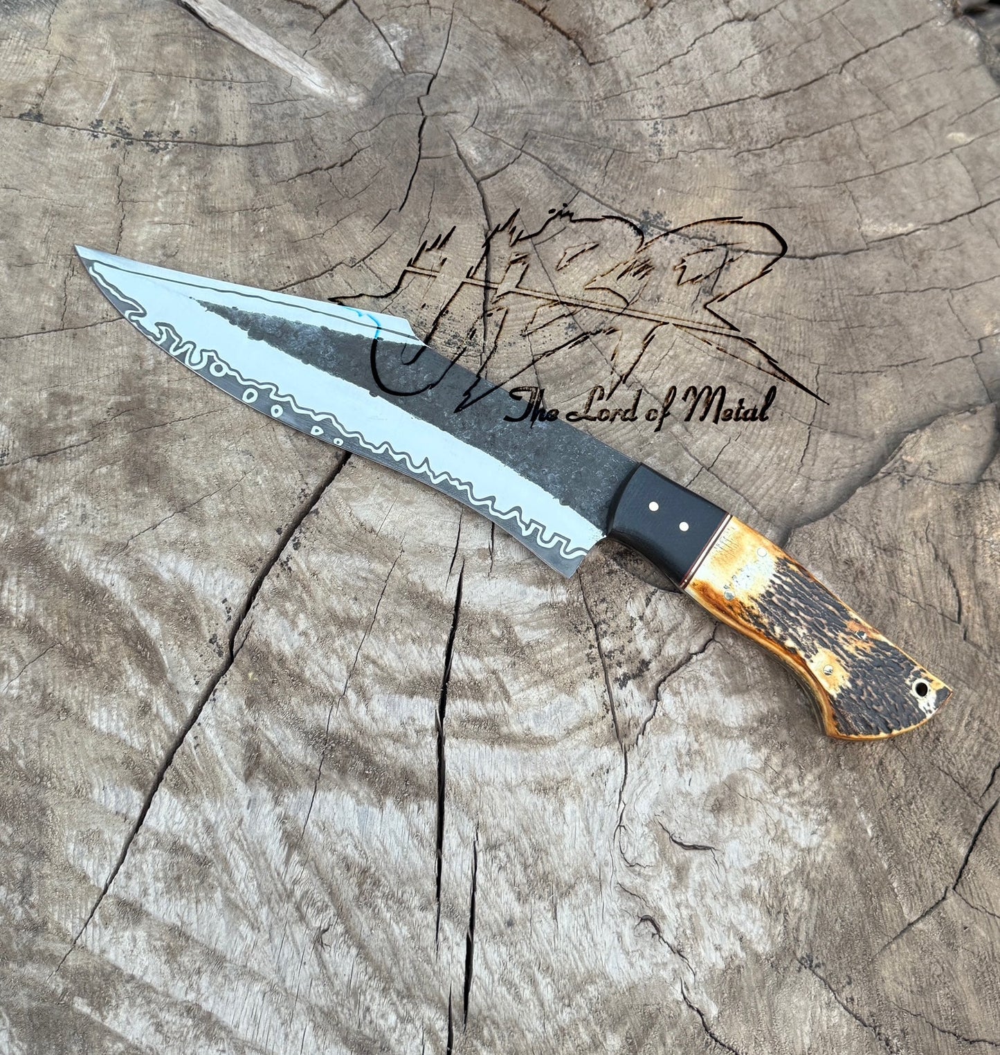 Custom Stag Handle Bowie Knife with Forged Blade & Wave Edge Pattern Unique Blades Runner
