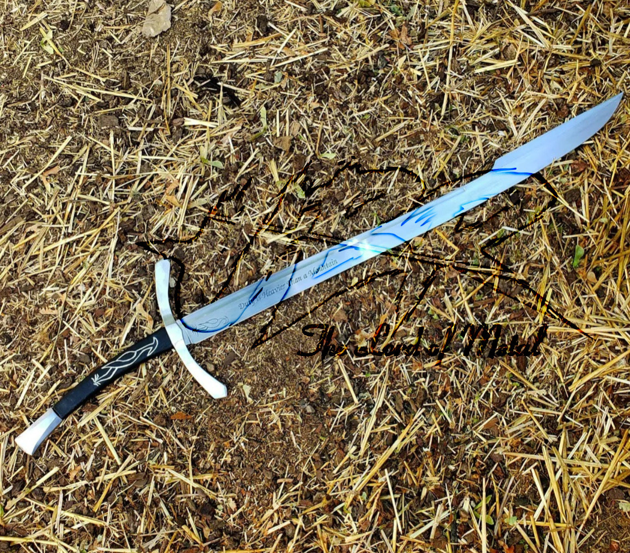 Heron Mark Sword – Fantasy Replica with Inscribed Blade and Curved Guard