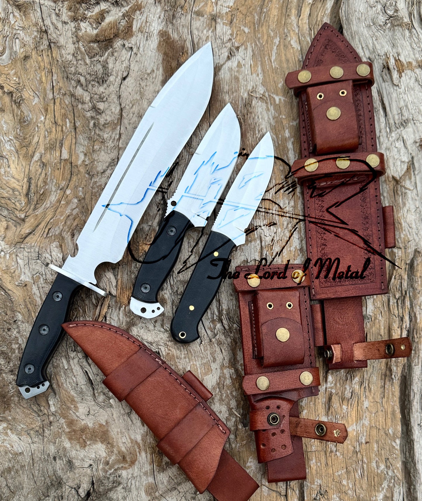 Custom Handmade Survival Knife Set – 3 Piece Fixed Blade Knives with Leather Sheaths Unique Blades Runner