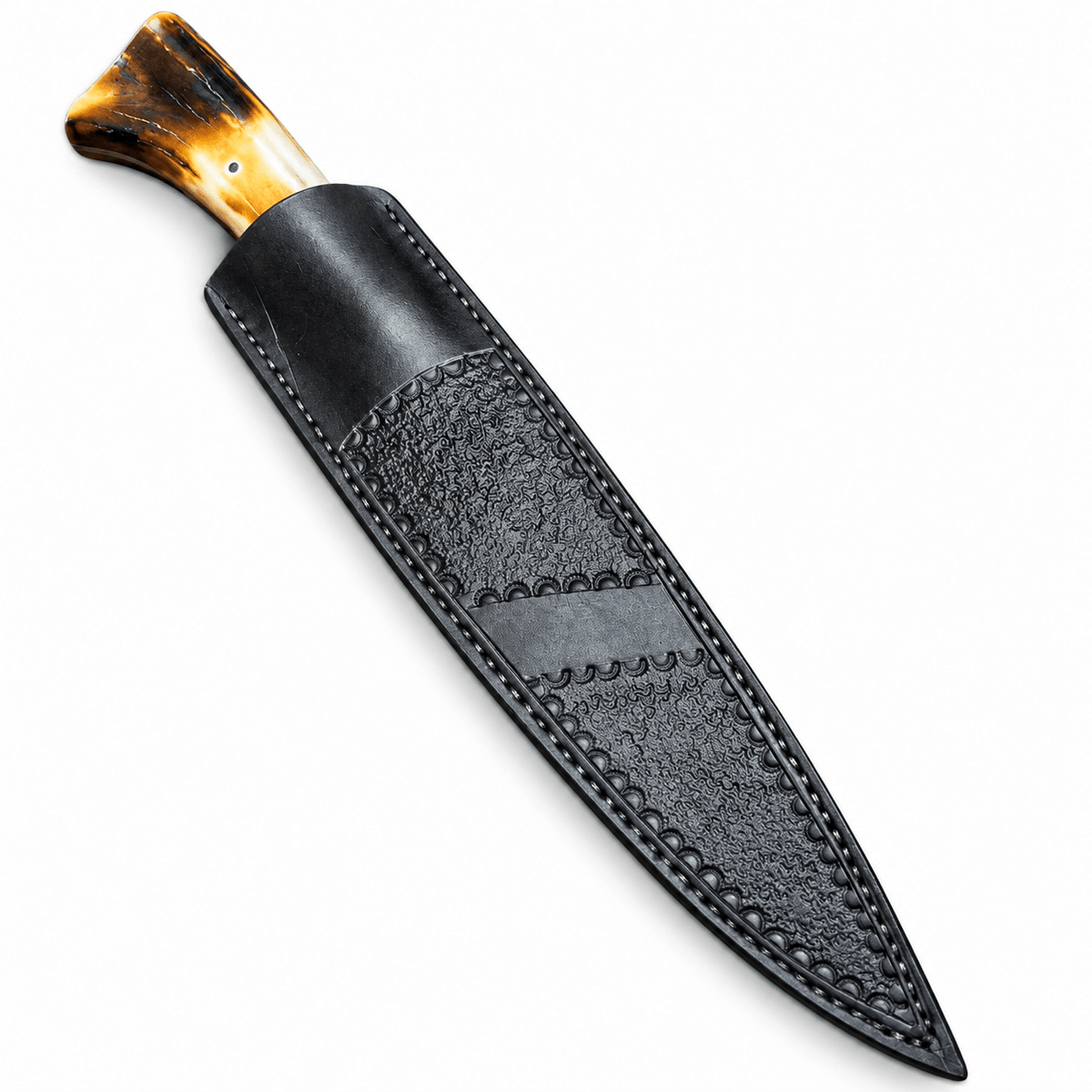 Stag handle hunting knife shown next to its leather sheath