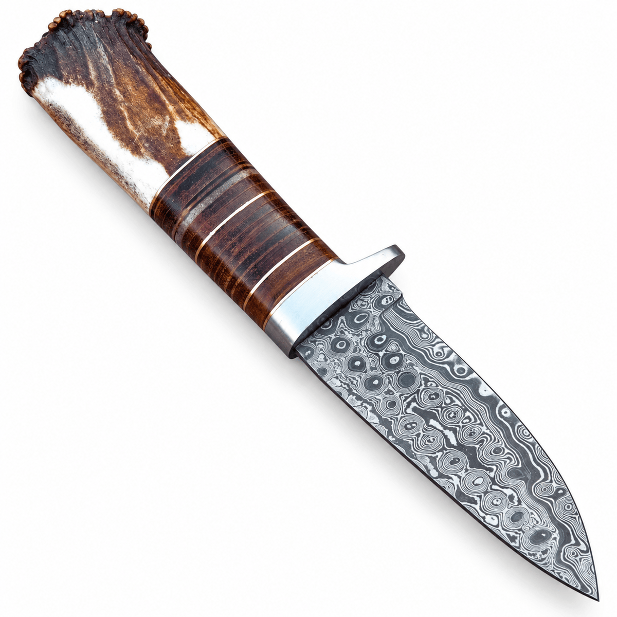 Stag antler crown handle with stacked leather washers and metal spacers