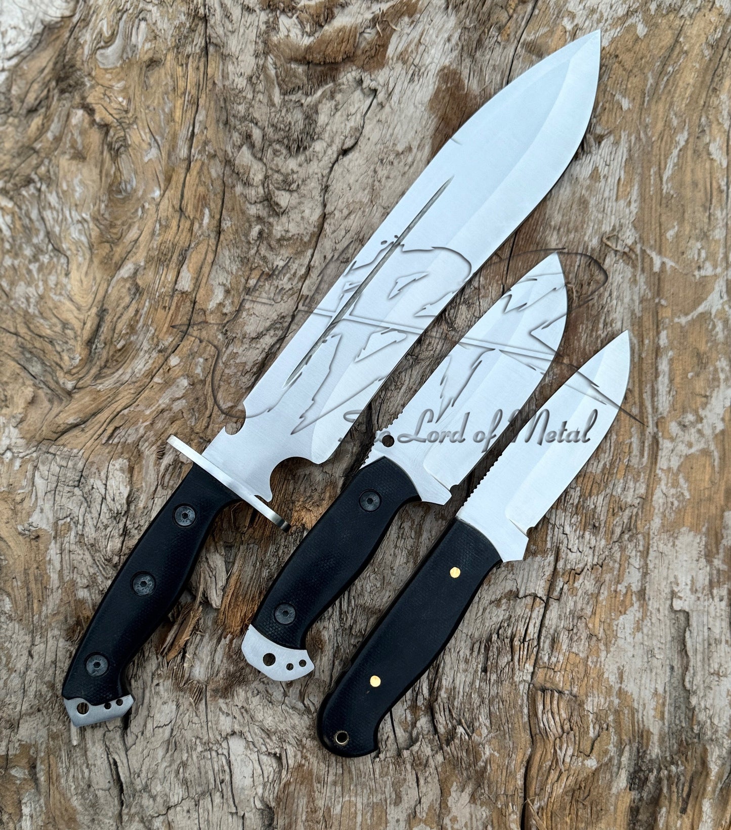 Custom Handmade Survival Knife Set – 3 Piece Fixed Blade Knives with Leather Sheaths Unique Blades Runner