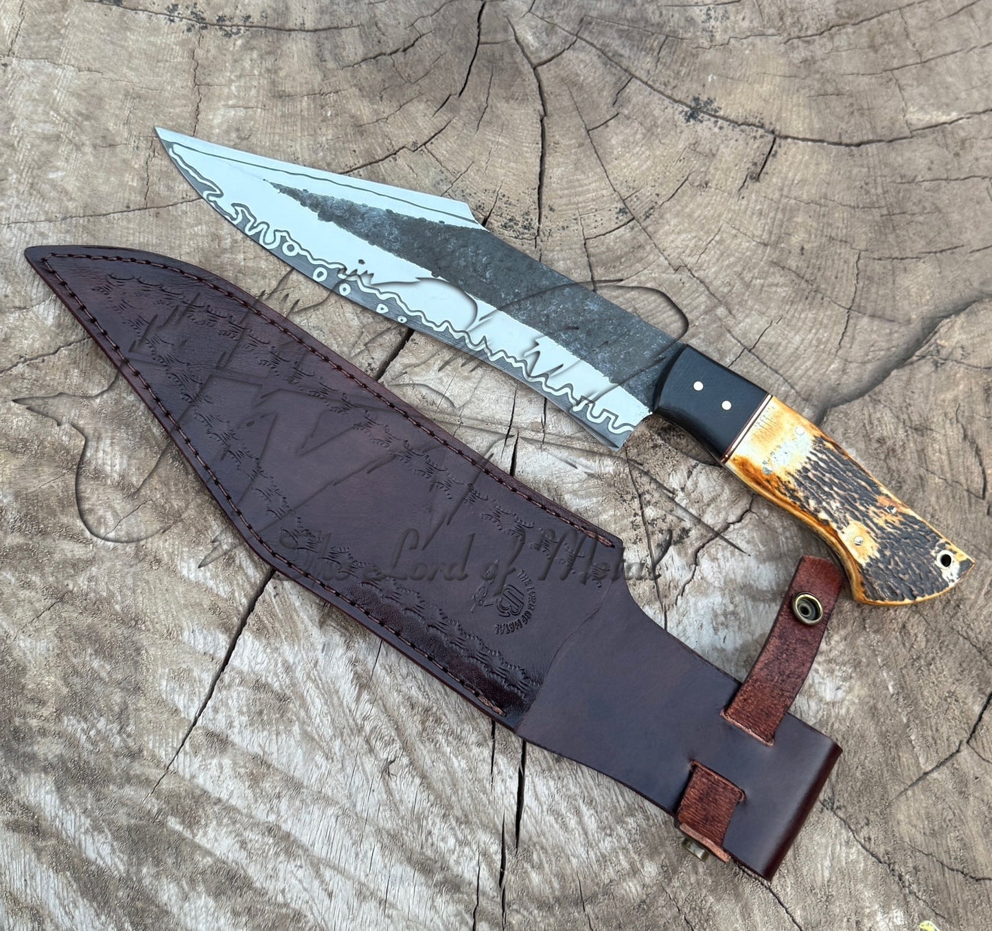 Custom Stag Handle Bowie Knife with Forged Blade & Wave Edge Pattern Unique Blades Runner