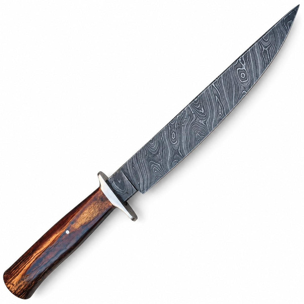 18-inch Damascus Bowie knife beside its leather sheath