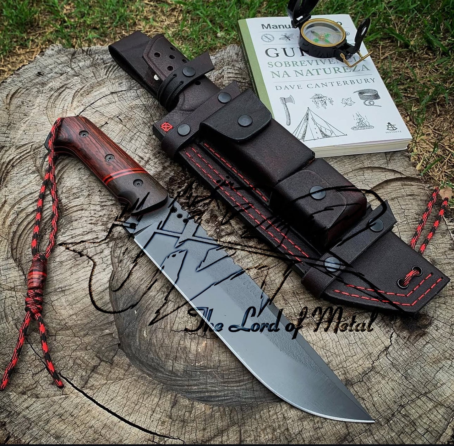 Bushcraft Survival Knife Full Tang | Red Wood Handle + Leather Sheath