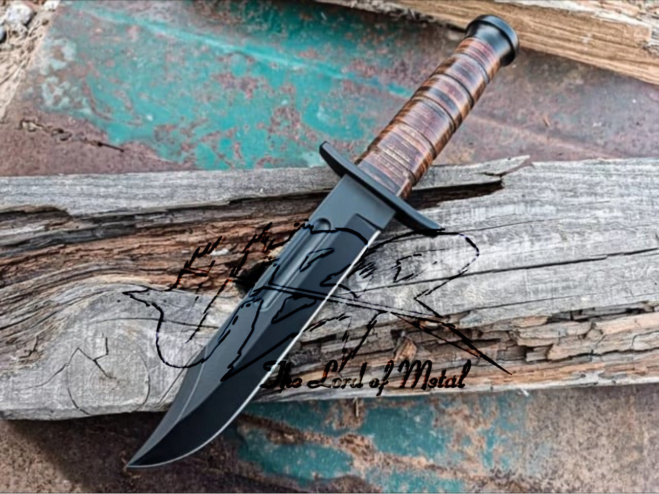 Custom Handmade KA-BAR Knife With Stacked Leather Handle – Black Blade