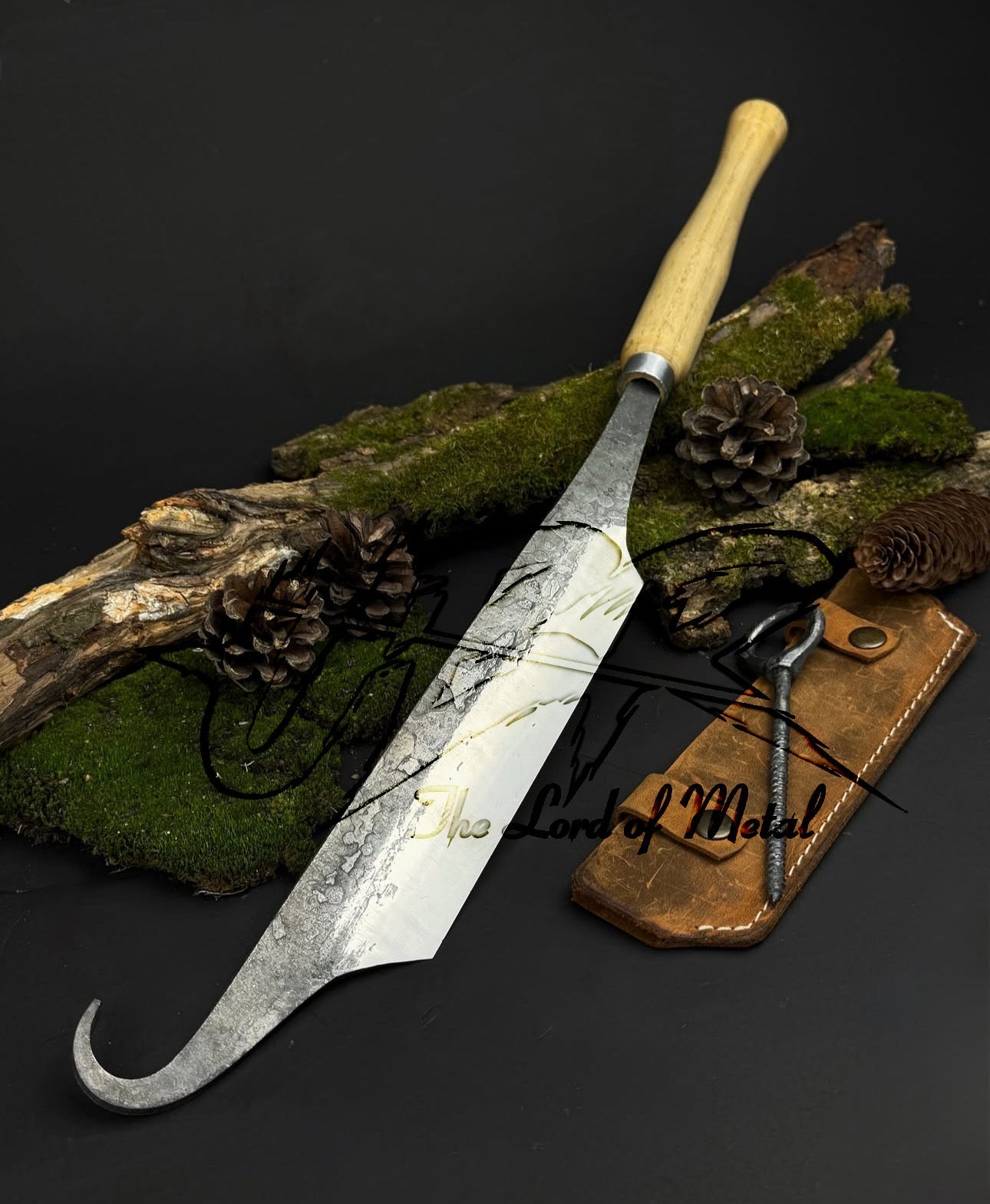 Hand-Forged Butcher Knife with Hook Tip – Custom Cleaver Knife with Leather Sheath Unique Blades Runner
