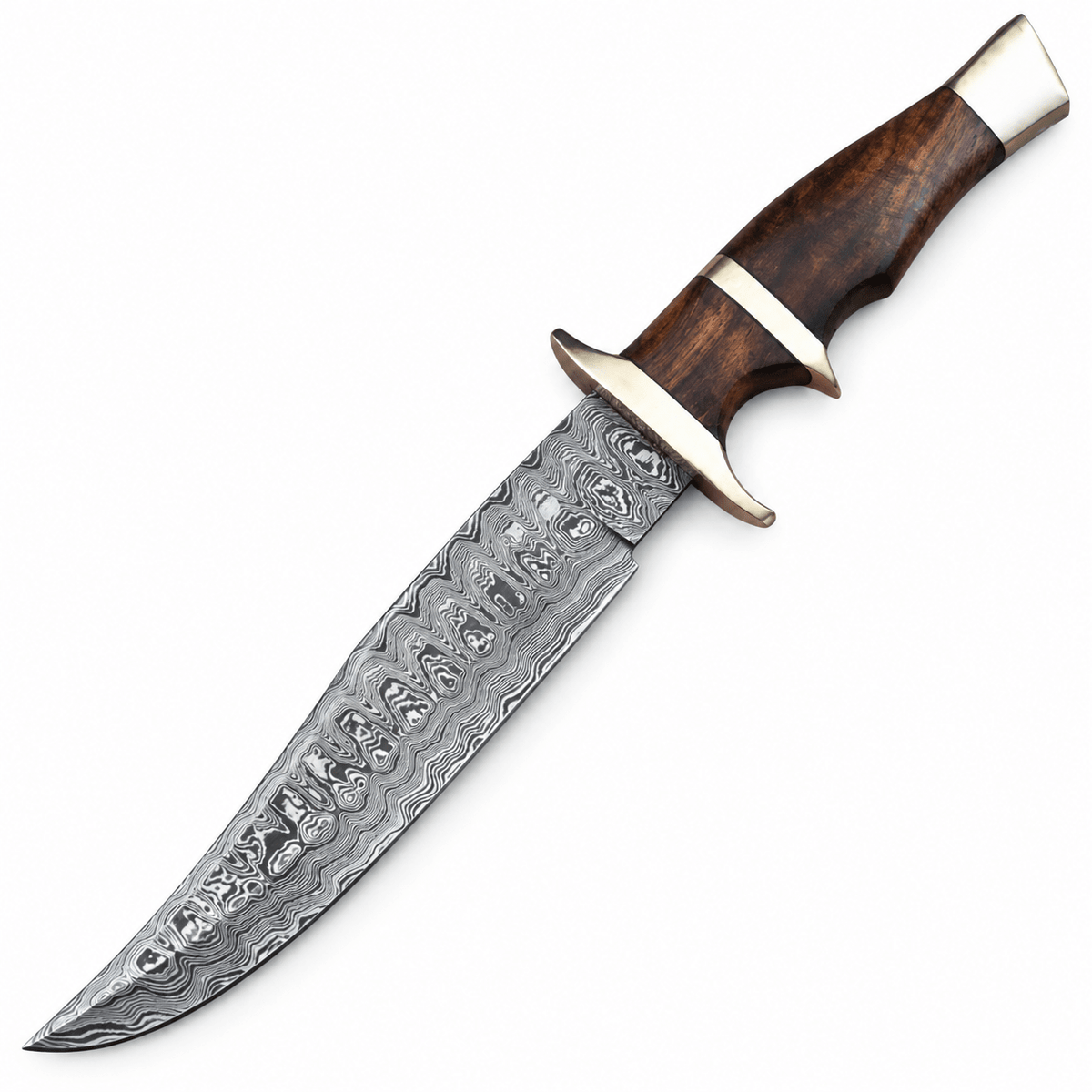 Five-inch rosewood and brass handle of the Damascus hunting knife