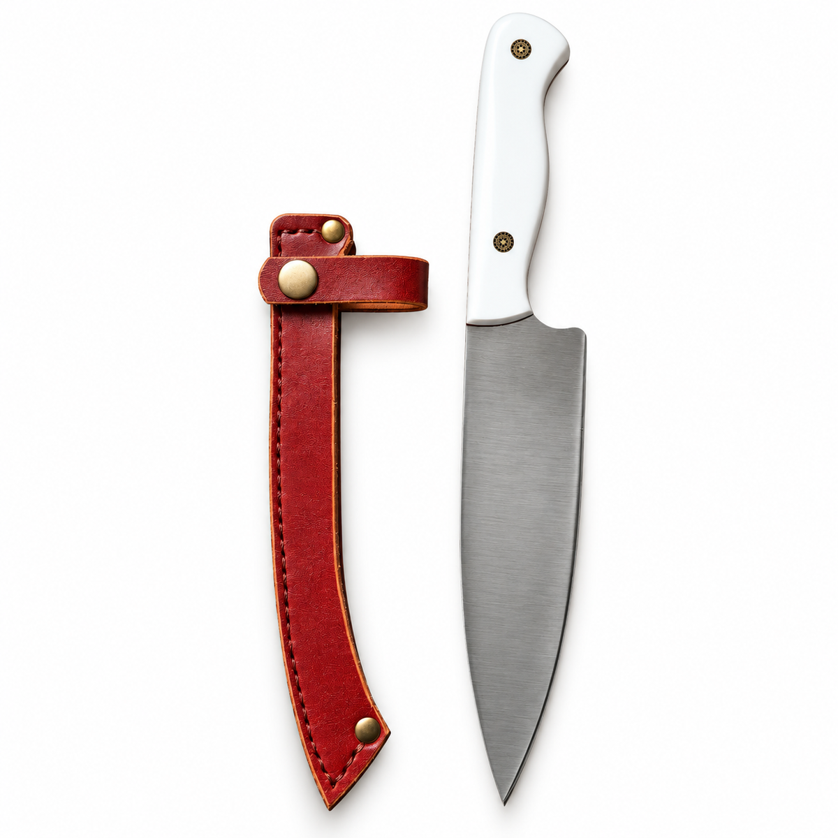 12-inch kitchen knife crossed over red leather sheath on white background