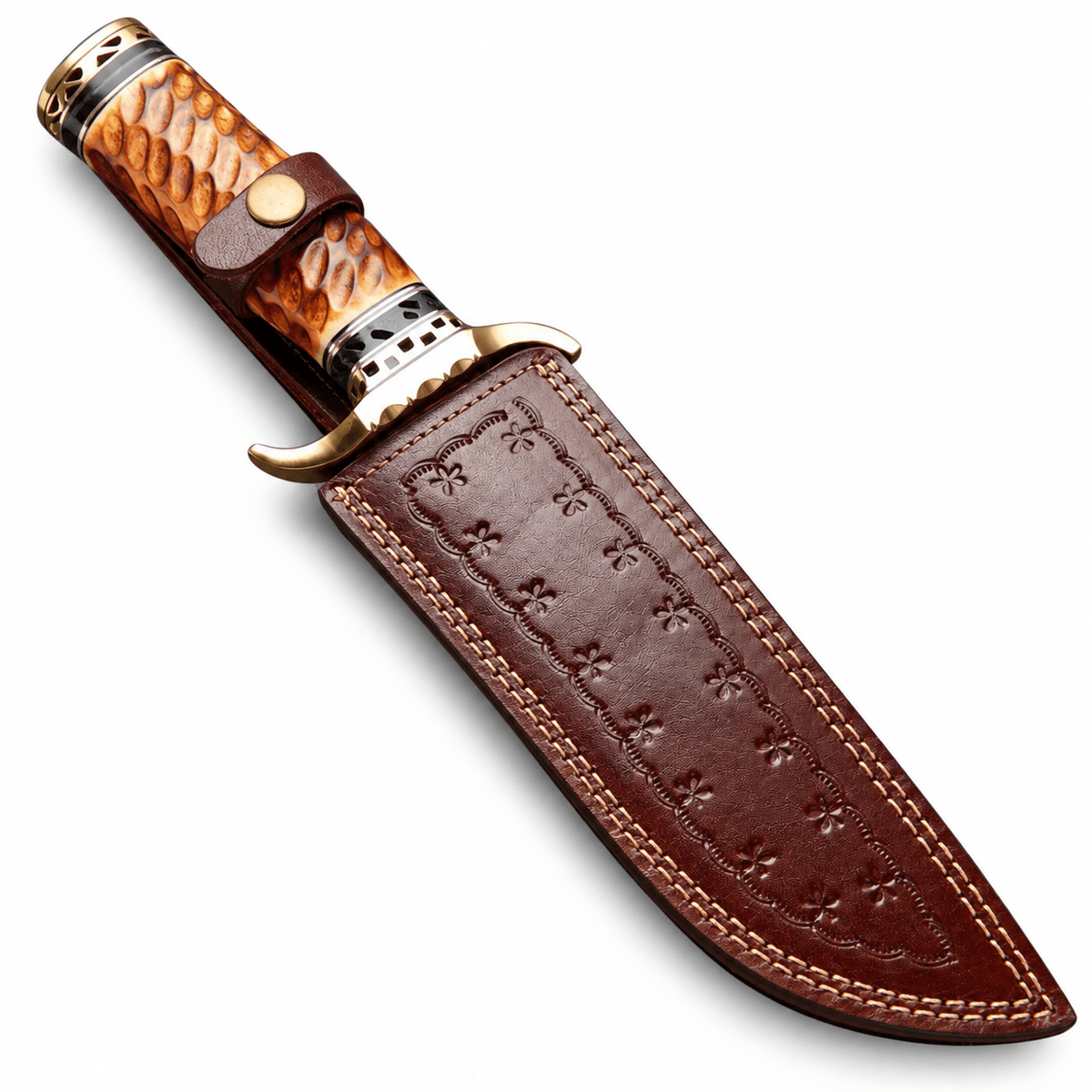Handmade Damascus steel bone handle Bowie knife with curved brass guard