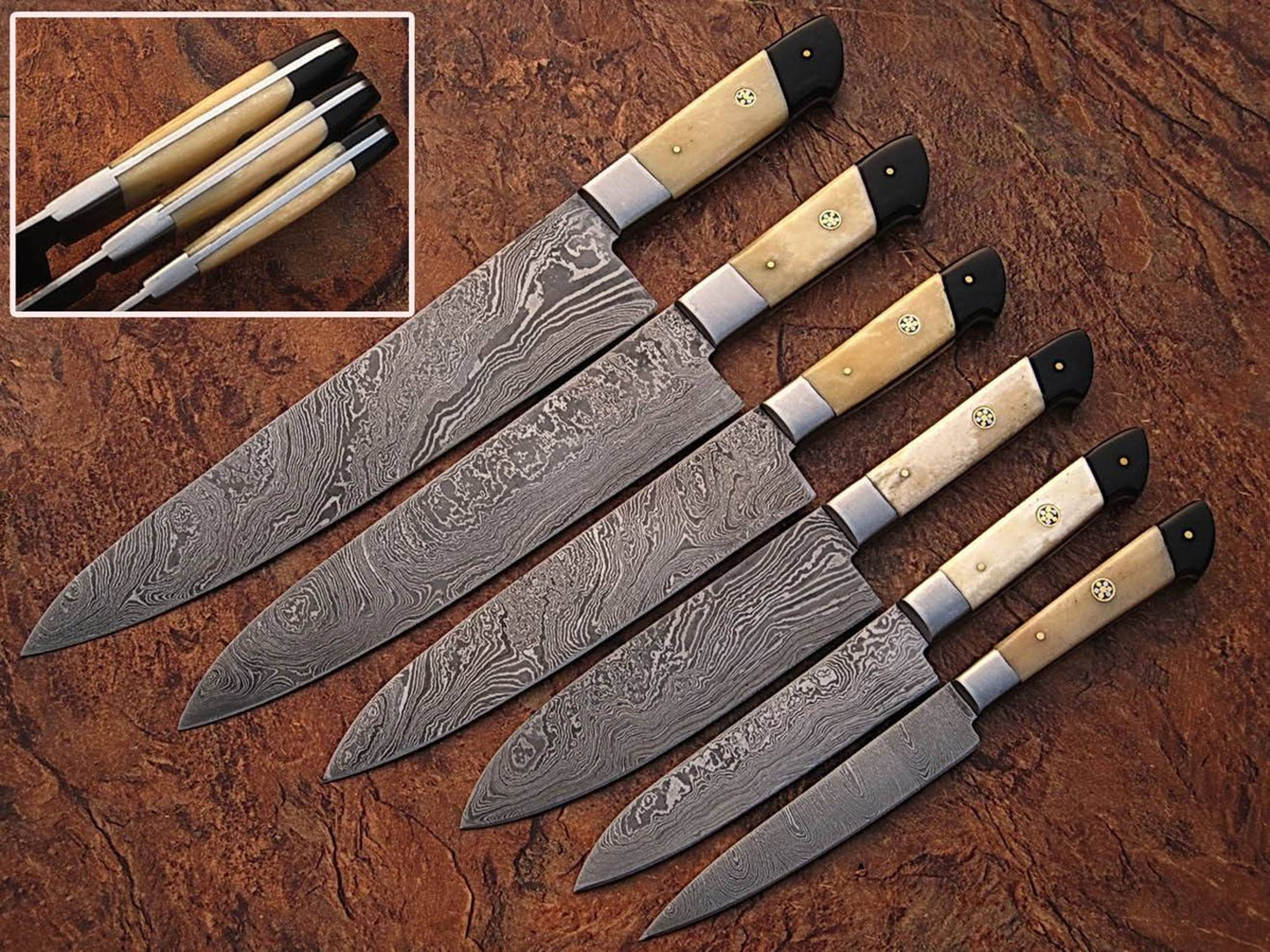 Handmade Damascus Steel Chef Knife Set with Camel Bone Handle – Full Tang Kitchen Knives