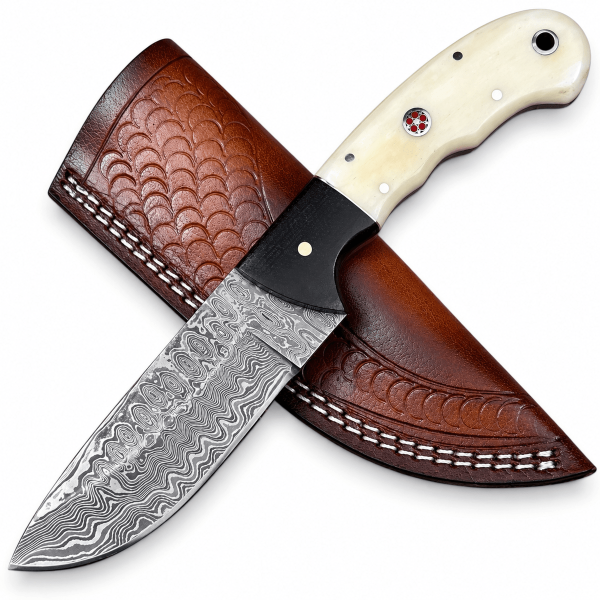 Handmade Damascus knife on a scale-pattern tooled leather sheath