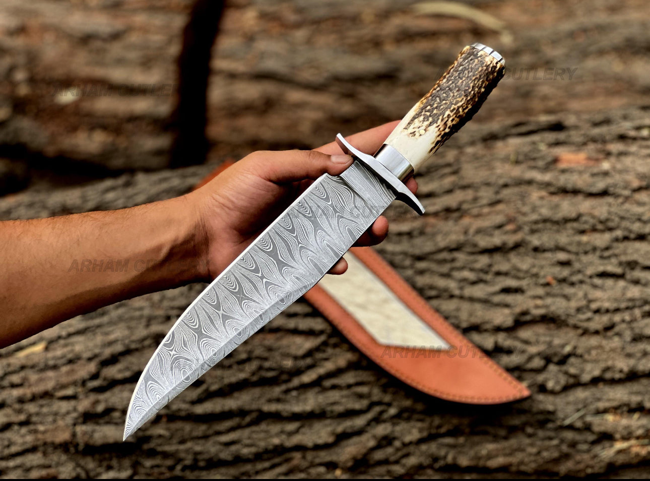 Damascus Steel Bowie Knife with Stag Handle and Leather Sheath Unique Blades Runner