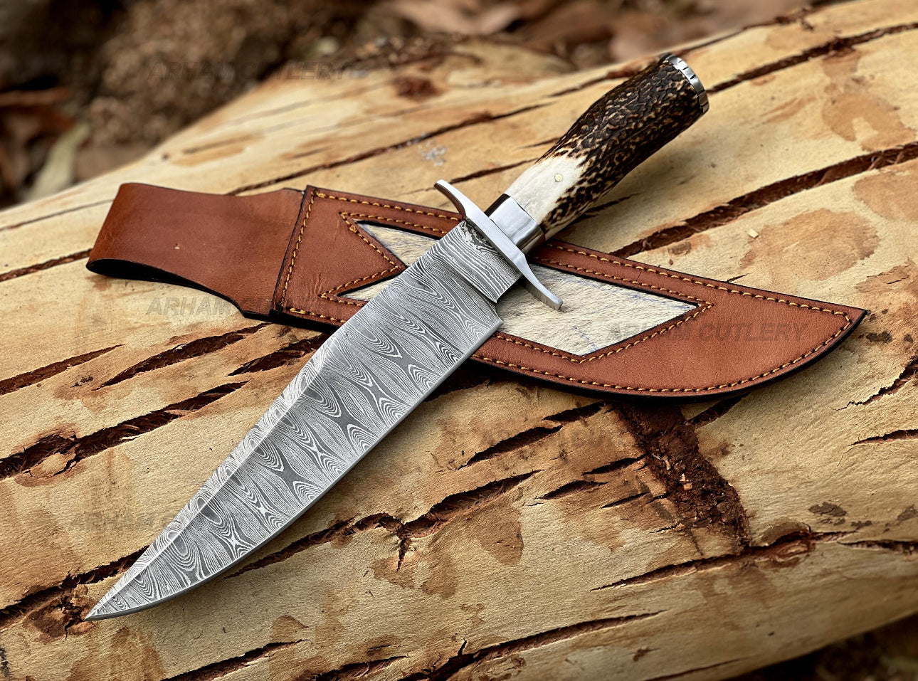 Damascus Steel Bowie Knife with Stag Handle and Leather Sheath Unique Blades Runner