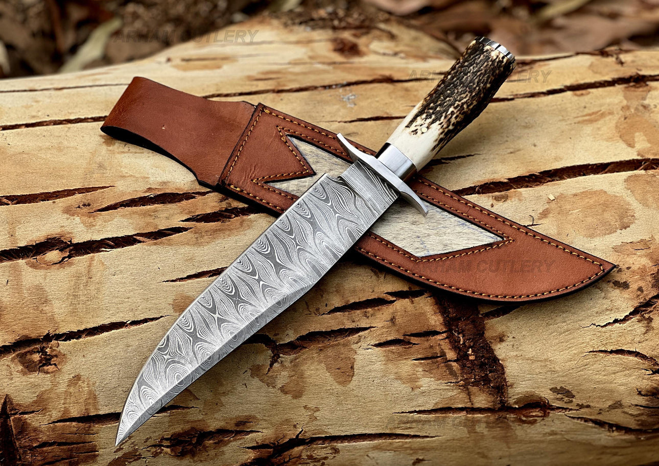 Damascus Steel Bowie Knife with Stag Handle and Leather Sheath Unique Blades Runner