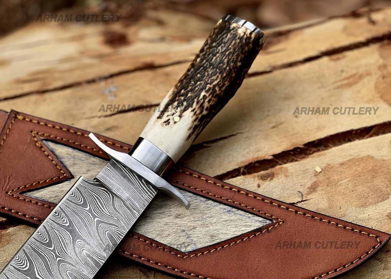 Damascus Steel Bowie Knife with Stag Handle and Leather Sheath Unique Blades Runner