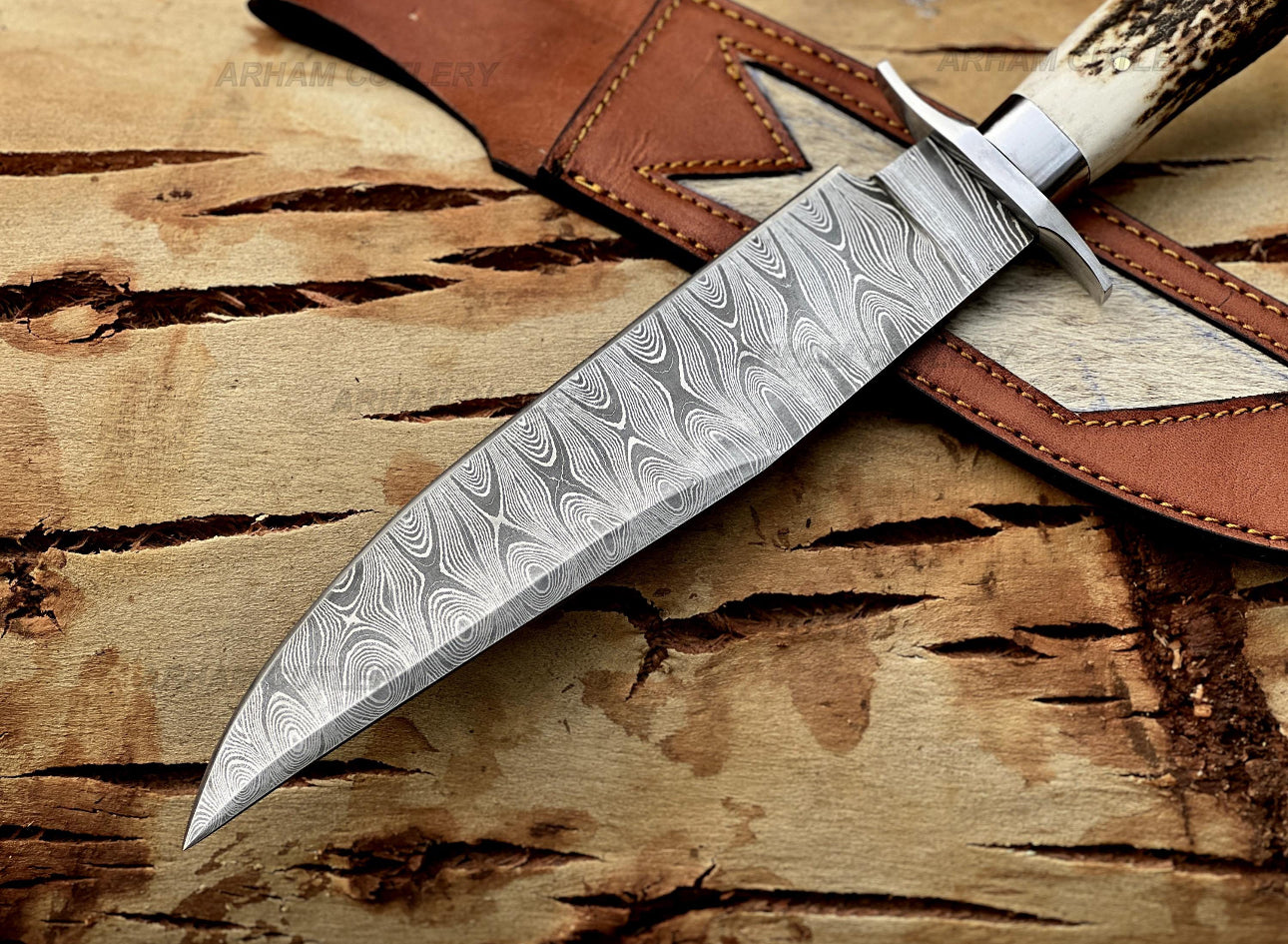 Damascus Steel Bowie Knife with Stag Handle and Leather Sheath Unique Blades Runner