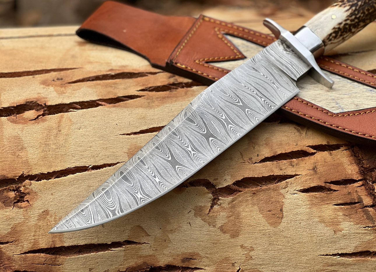 Damascus Steel Bowie Knife with Stag Handle and Leather Sheath Unique Blades Runner