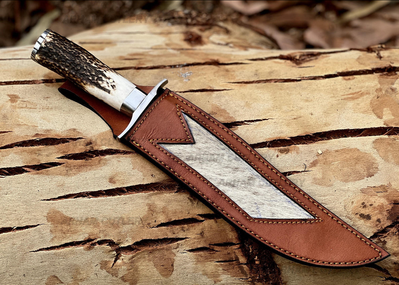 Damascus Steel Bowie Knife with Stag Handle and Leather Sheath Unique Blades Runner