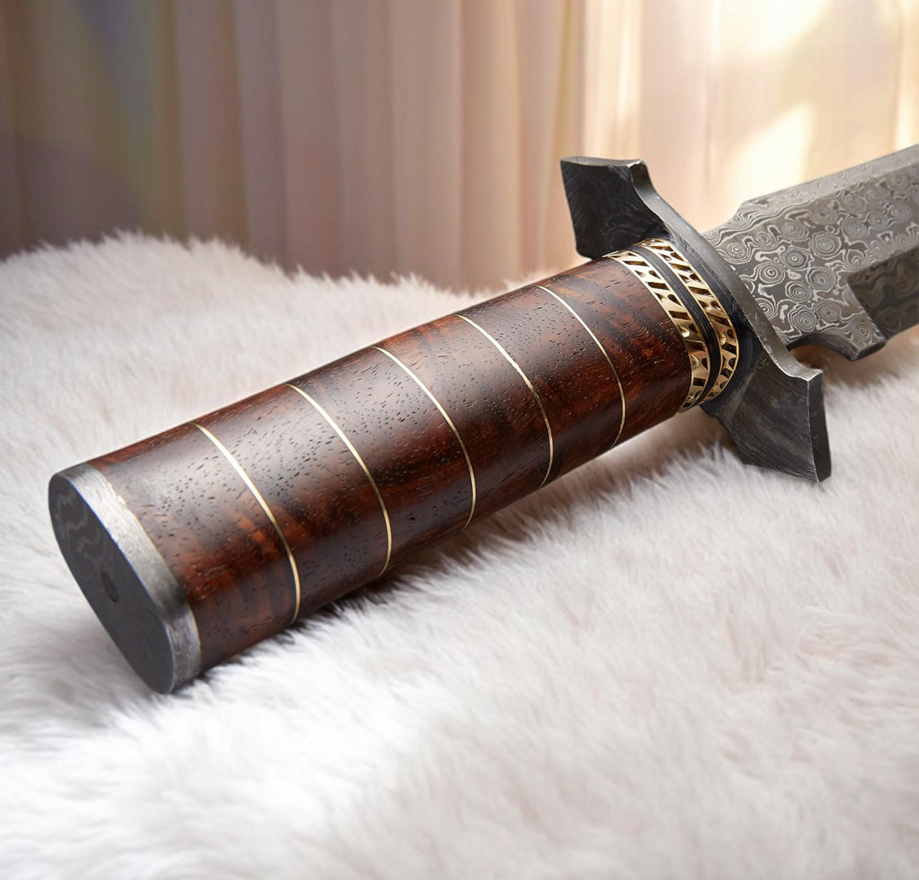 Damascus Steel Bowie Knife with Rose Wood Handle and Sheath Unique Blades Runner