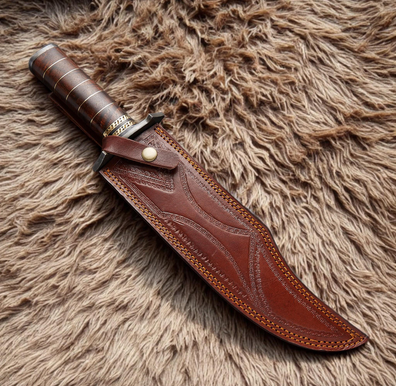 Damascus Steel Bowie Knife with Rose Wood Handle and Sheath Unique Blades Runner