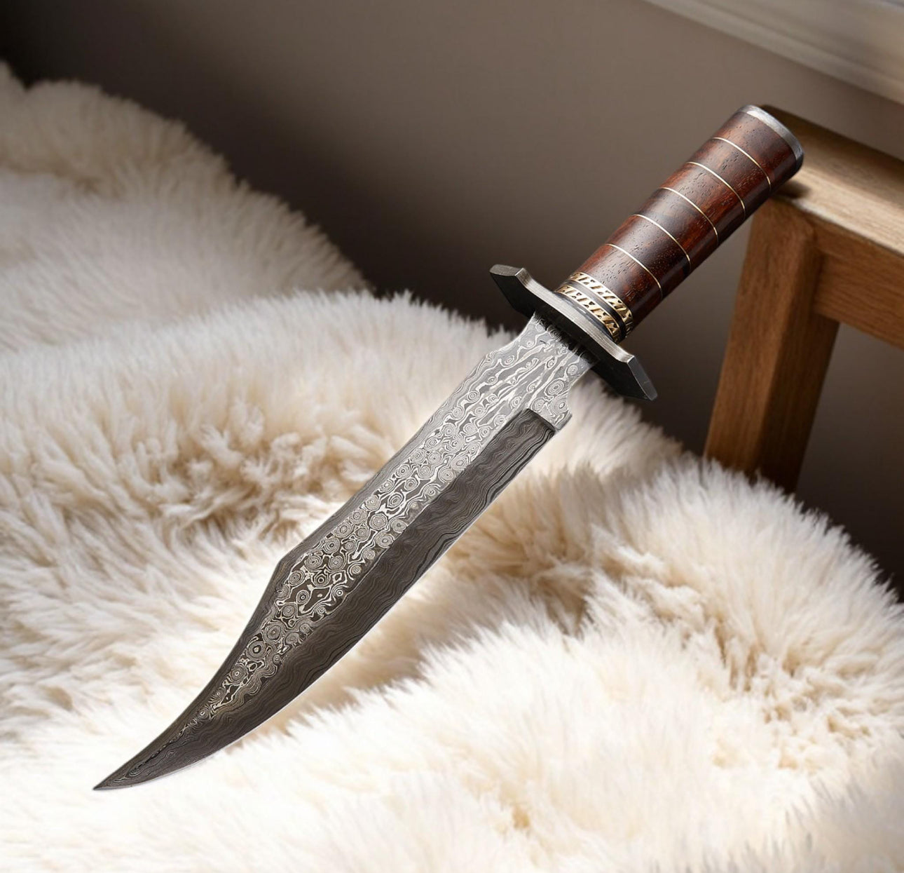 Damascus Steel Bowie Knife with Rose Wood Handle and Sheath Unique Blades Runner