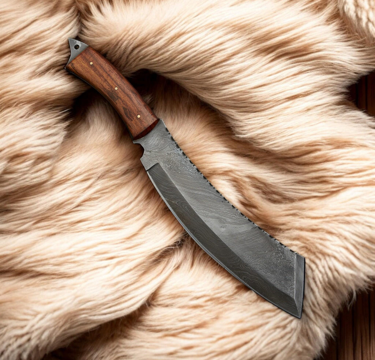 Damascus Steel Cleaver Knife with Wooden Handle and Filework Spine Unique Blades Runner