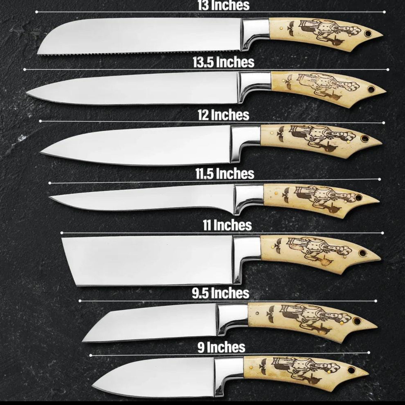 Custom Chef Knife Set with Engraved Bone Handles and Leather Roll Case Unique Blades Runner