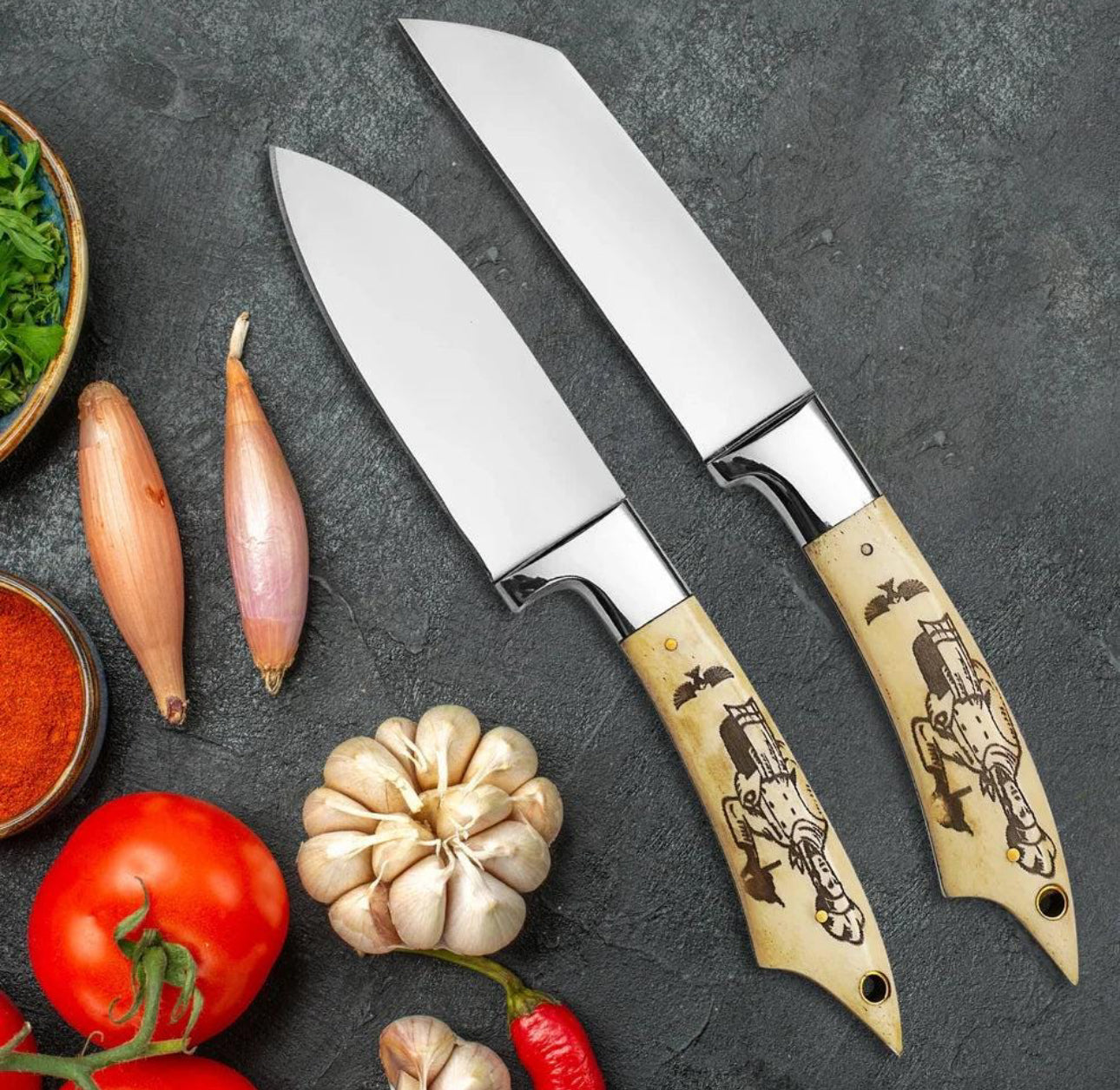 Custom Chef Knife Set with Engraved Bone Handles and Leather Roll Case Unique Blades Runner