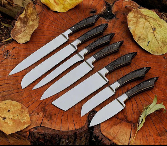 Professional Chef Knife Set with Dark Wooden Handles – 7 Piece Kitchen Set Unique Blades Runner