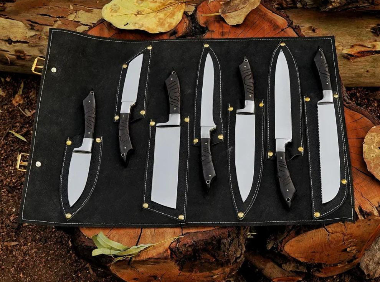 Professional Chef Knife Set with Dark Wooden Handles – 7 Piece Kitchen Set Unique Blades Runner