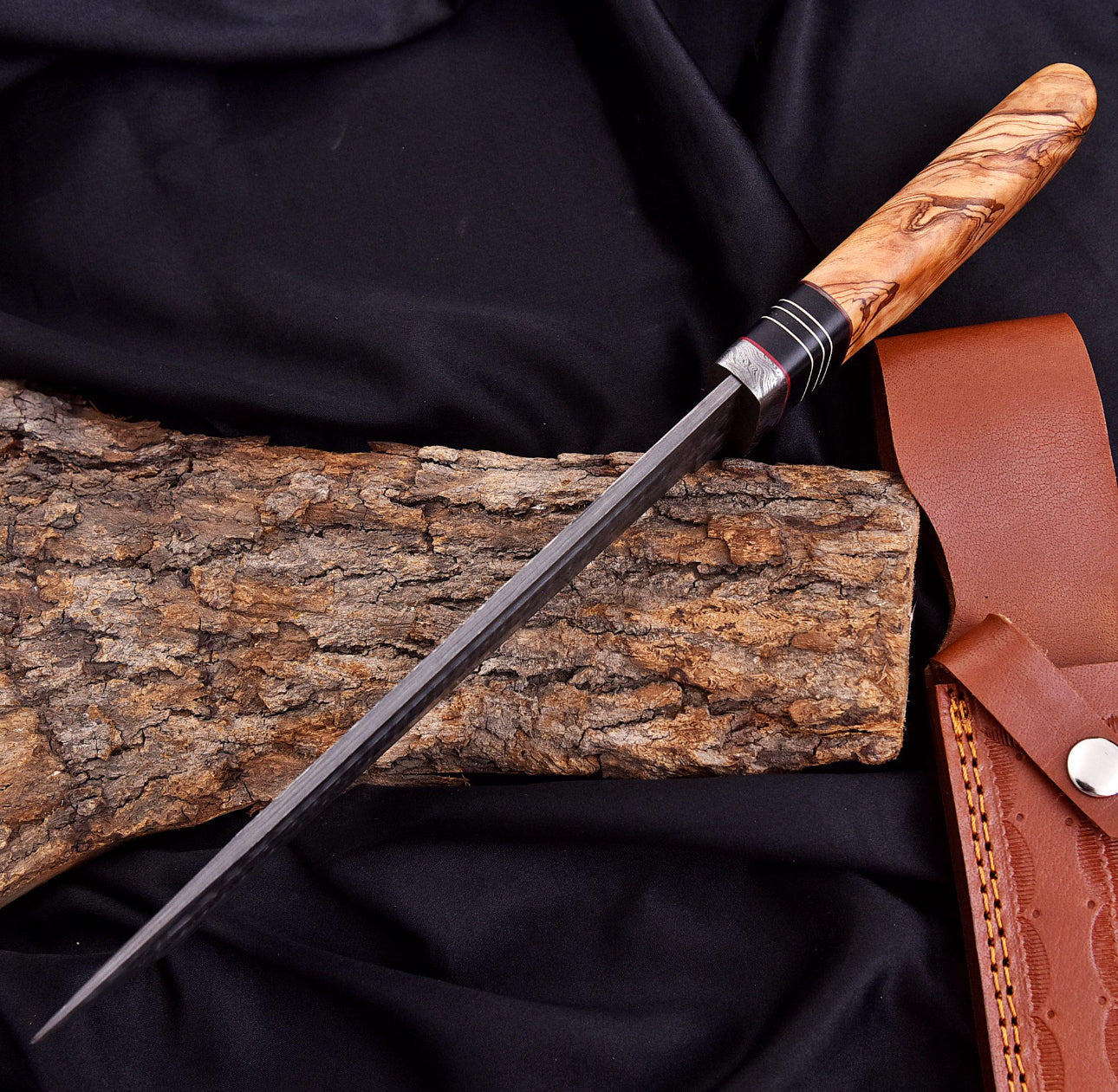 Damascus Steel Tanto Chef Knife – Handmade Tanto Blade with Olive Wood Handle Unique Blades Runner