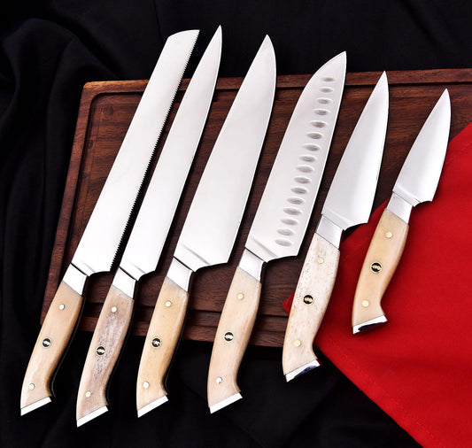 Handmade High Carbon Steel Chef Knife Set – 6-Piece with Bone Handles Unique Blades Runner