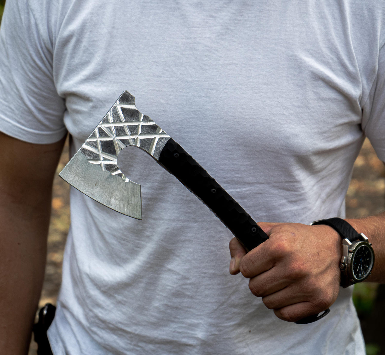 Custom Hand-Forged Camping Hatchet – Etched Steel Blade & G10 Handle Unique Blades Runner