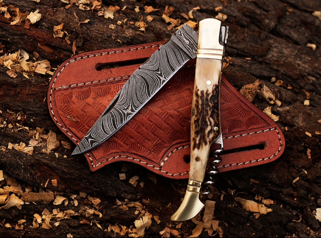 Damascus Pocket Knife – Stag Horn Folding Blade with Corkscrew Unique Blades Runner