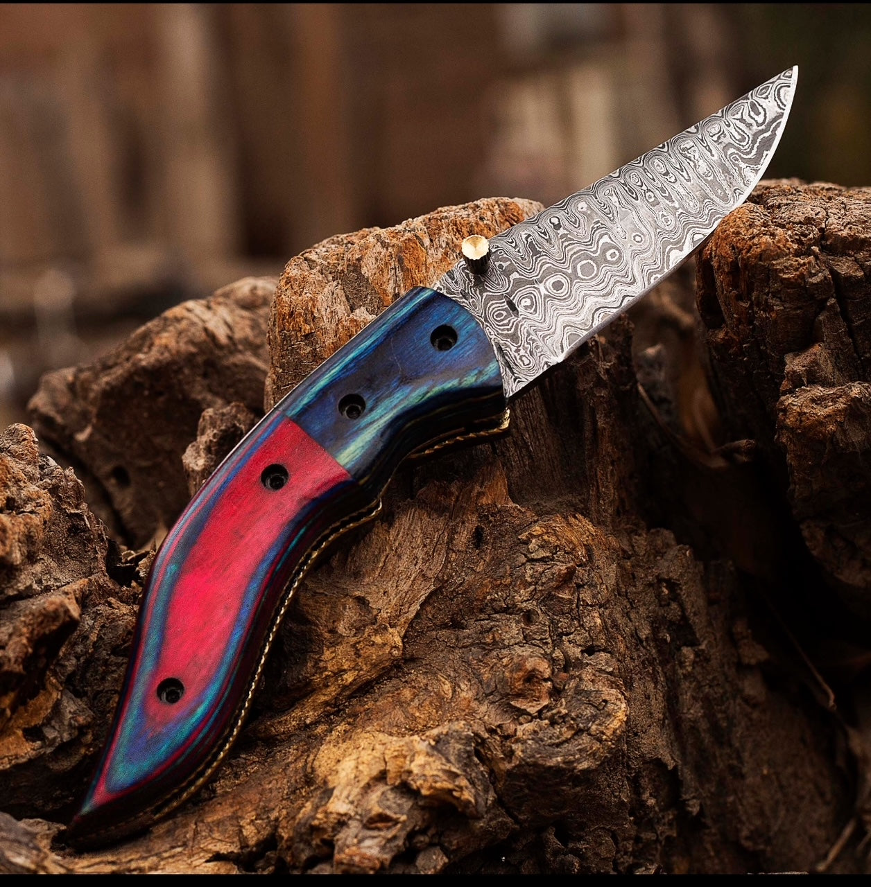 Damascus Steel Folding Knife – Multicolor Wood Handle Pocket Knife Unique Blades Runner
