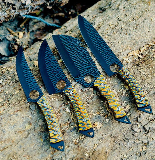 Custom Handmade 4-Piece Black Kitchen Knife Set with Colorful G10 Handles Unique Blades Runner