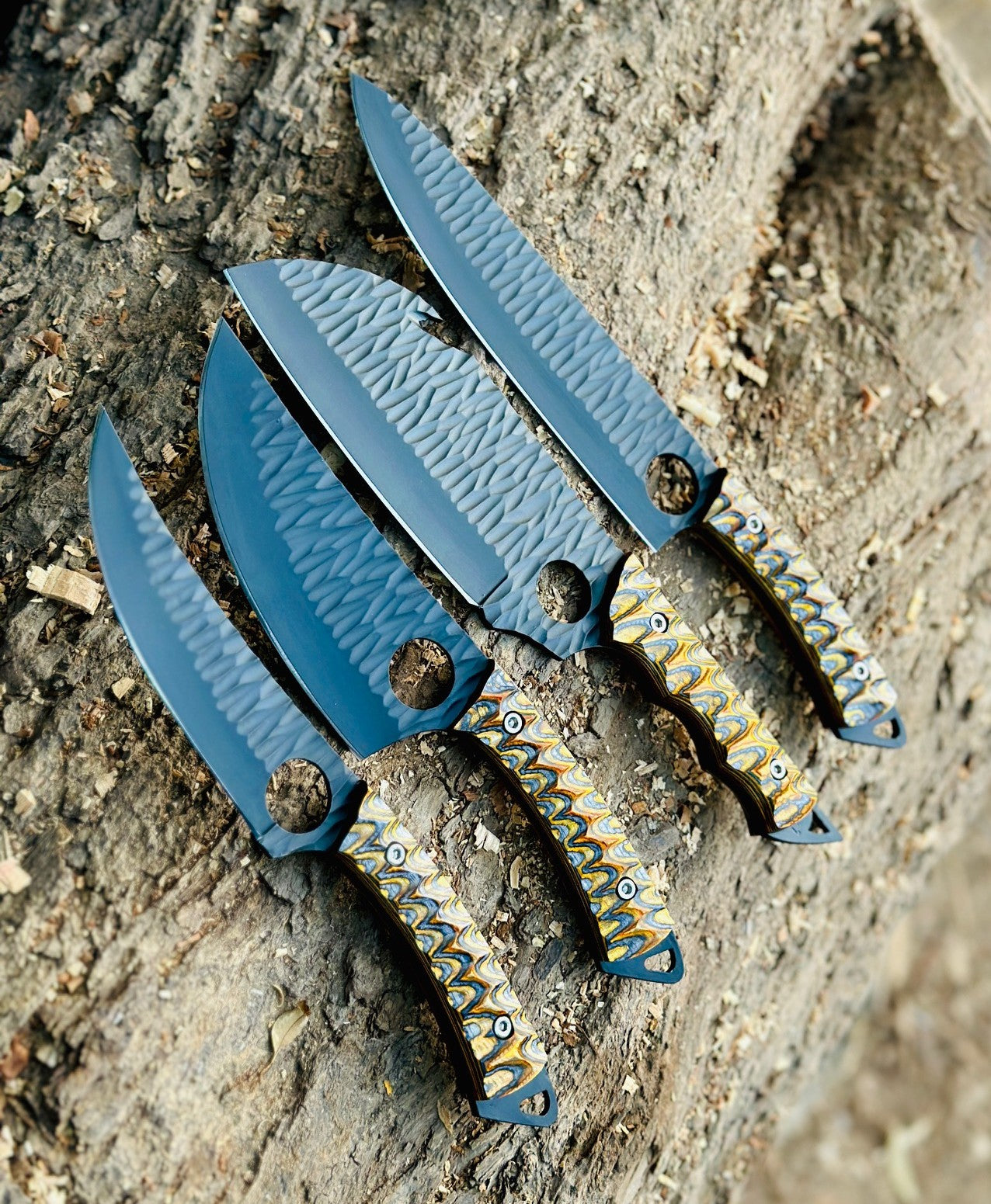 Custom Handmade 4-Piece Black Kitchen Knife Set with Colorful G10 Handles Unique Blades Runner