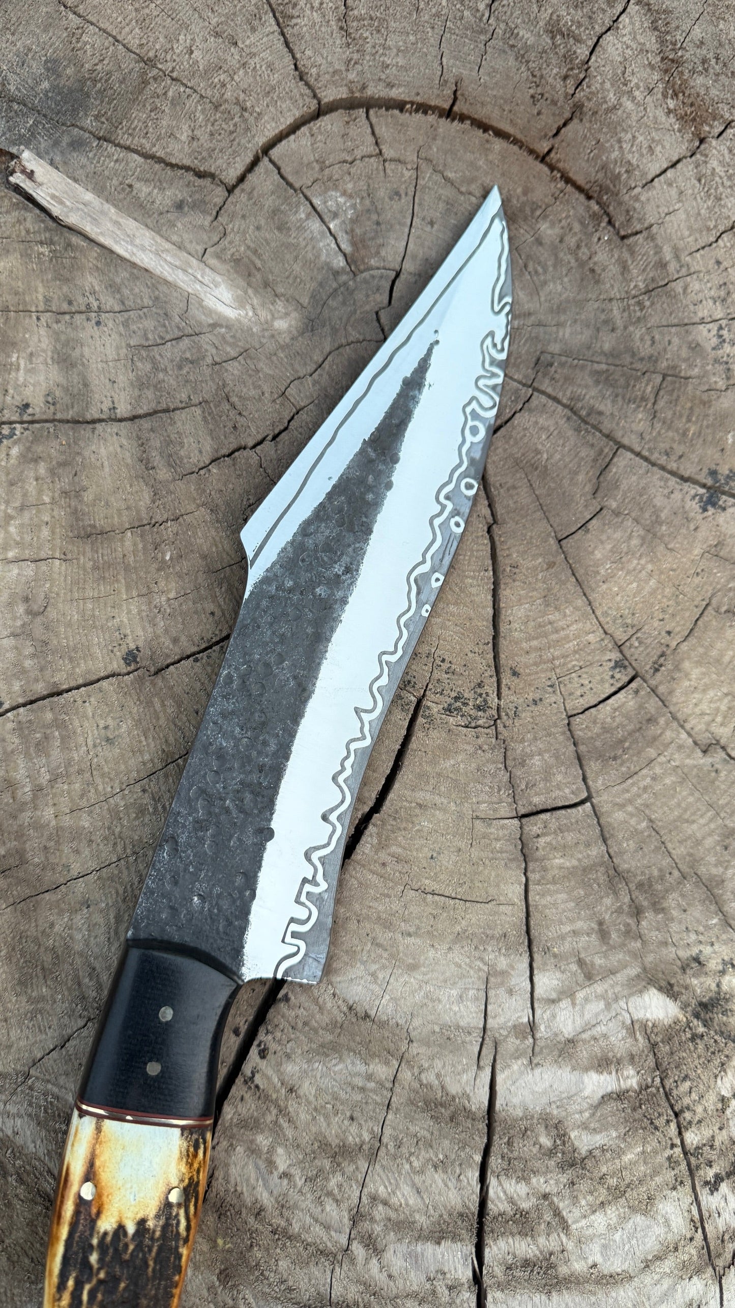 Custom Stag Handle Bowie Knife with Forged Blade & Wave Edge Pattern Unique Blades Runner