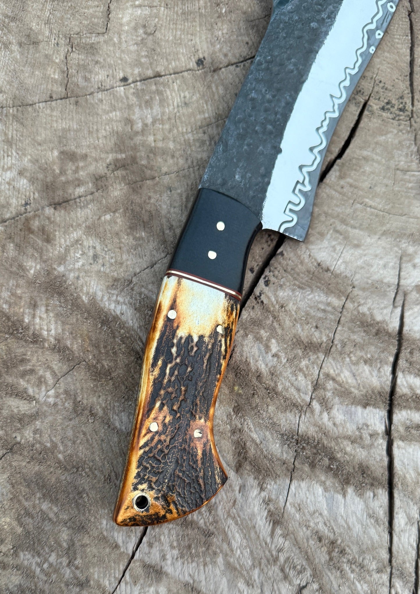 Custom Stag Handle Bowie Knife with Forged Blade & Wave Edge Pattern Unique Blades Runner