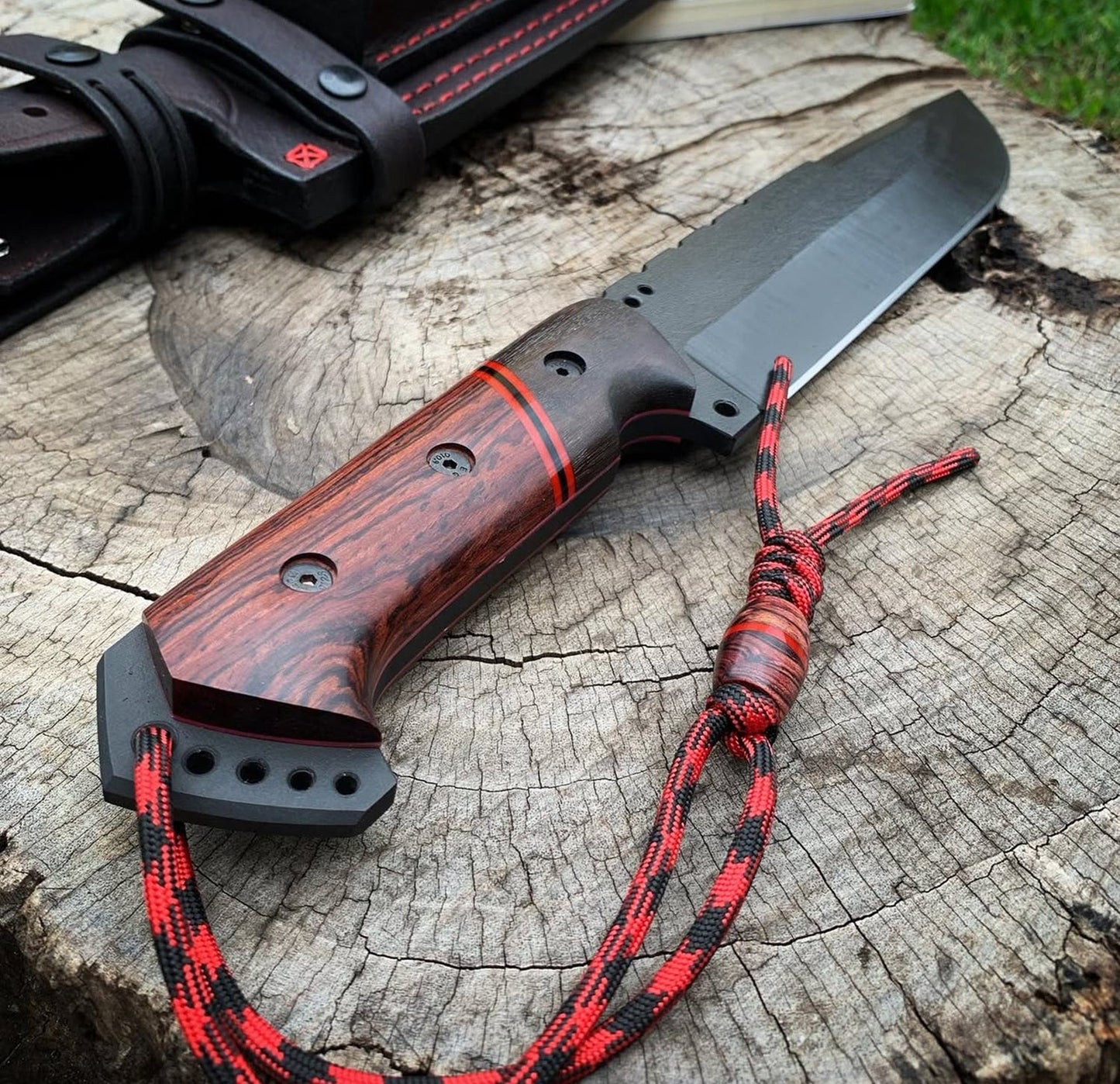 Bushcraft Survival Knife Full Tang | Red Wood Handle + Leather Sheath Unique Blades Runner