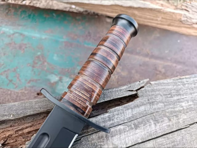Custom Handmade KA-BAR Knife With Stacked Leather Handle – Black Blade Unique Blades Runner