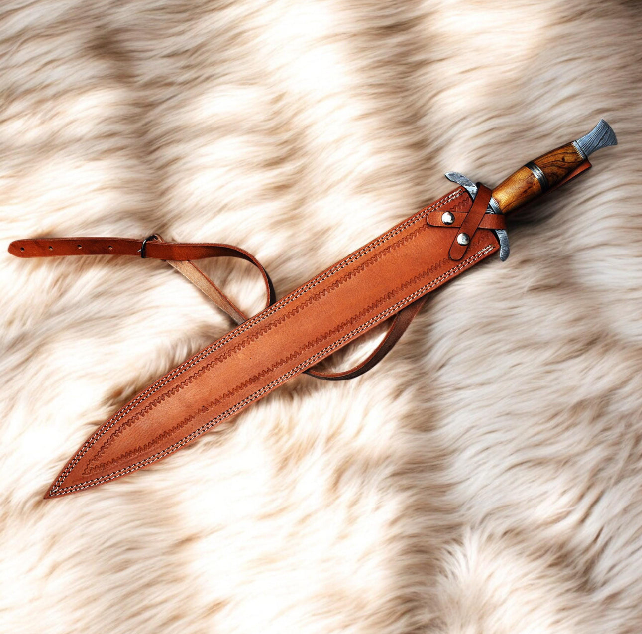 Fantasy Sword - Damascus Steel Blade With Leather Sheath Unique Blades Runner