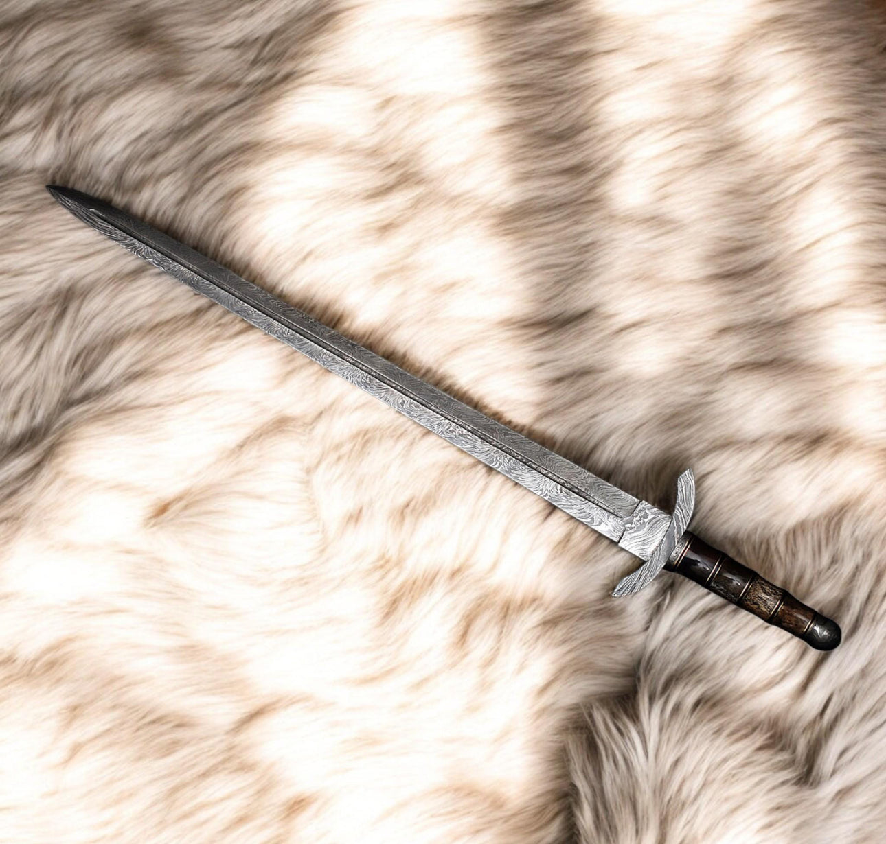 Handmade Damascus Steel Viking Sword With Wood Grip & Wide Fuller Blade Unique Blades Runner