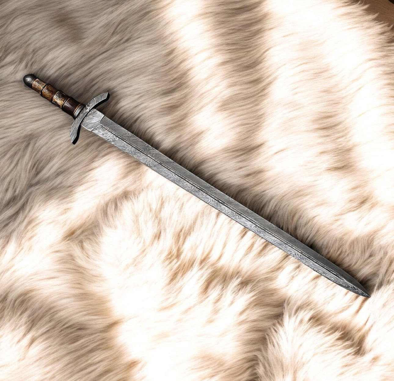 Handmade Damascus Steel Viking Sword With Wood Grip & Wide Fuller Blade Unique Blades Runner