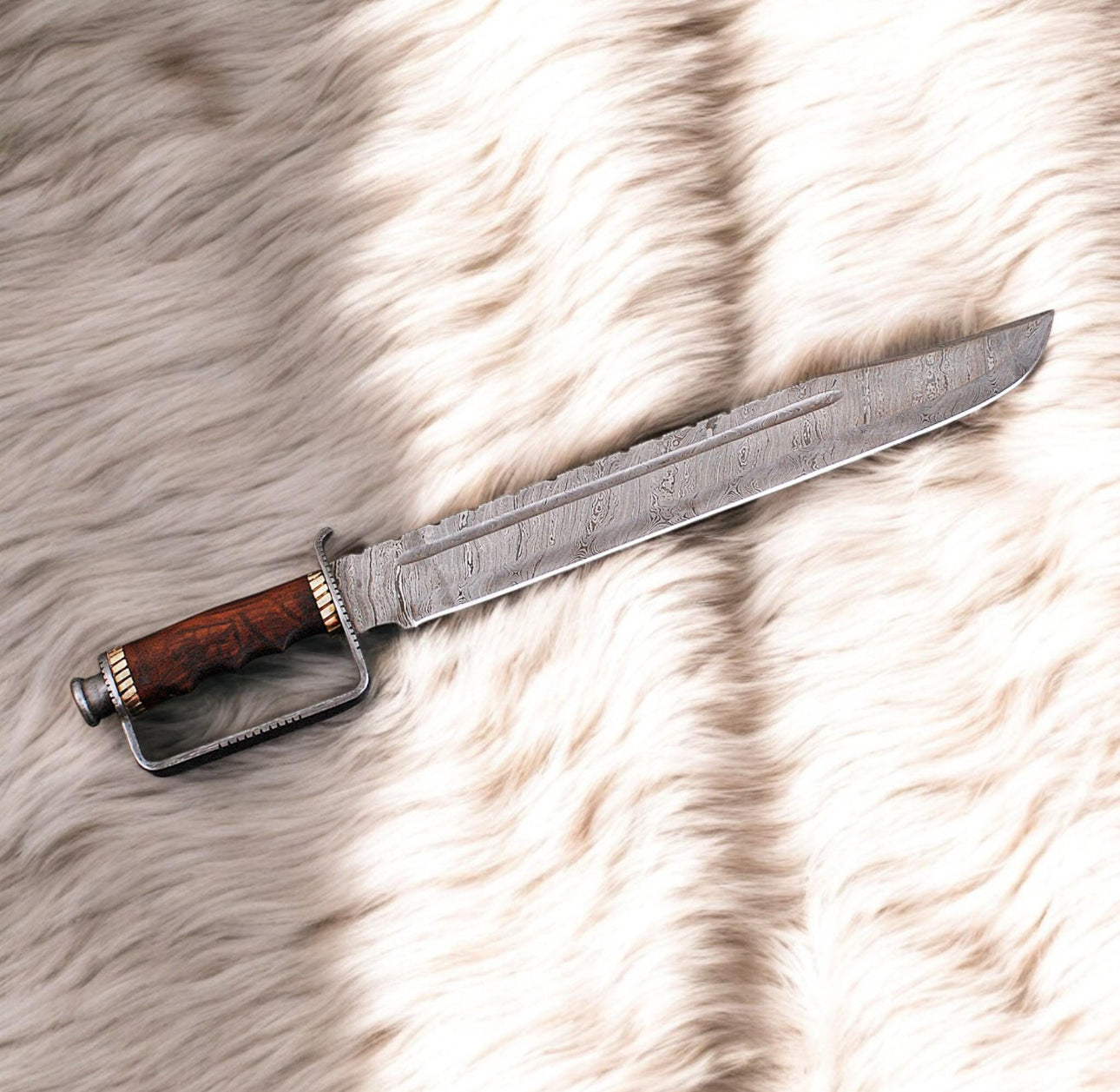 D-Guard Frontier Bowie Knife | Damascus Steel With Hardwood Grip & Leather Sheath Unique Blades Runner