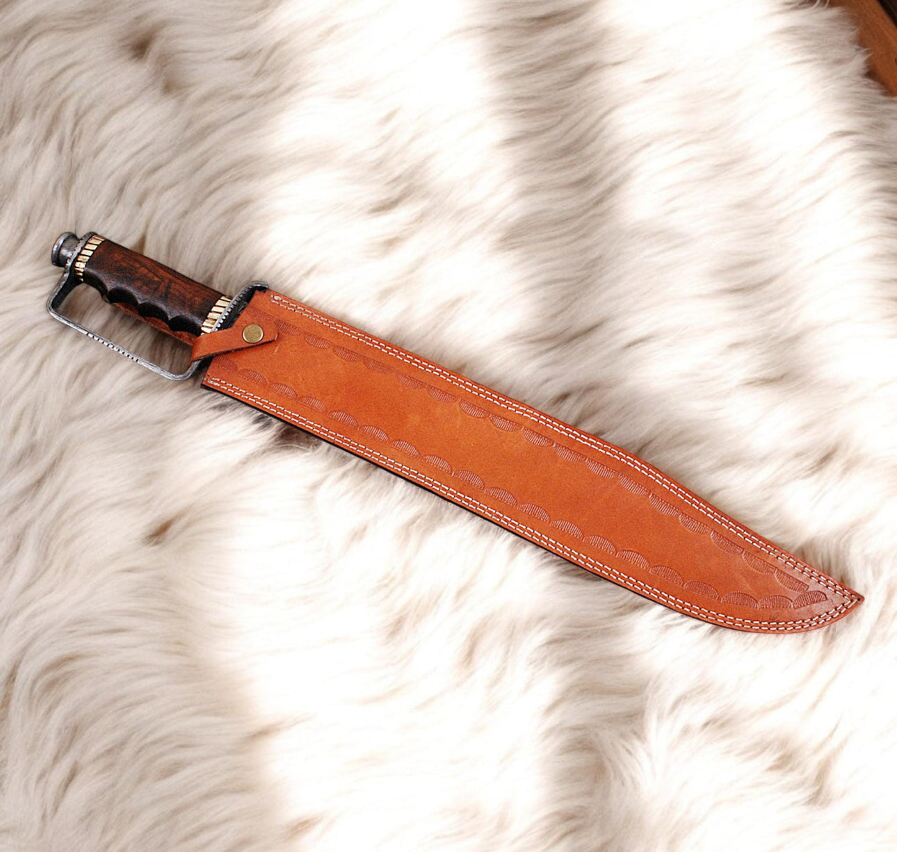 D-Guard Frontier Bowie Knife | Damascus Steel With Hardwood Grip & Leather Sheath Unique Blades Runner